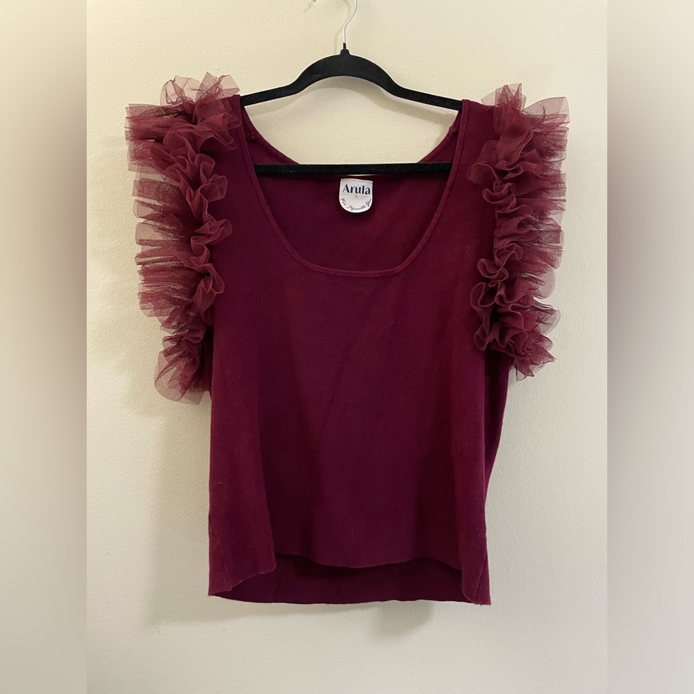 Arula Ruffle Shoulder It’s Giving‎ Sweater Top in Maroon - 0X